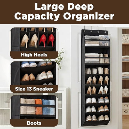 8 tiers Door Back Organizer, Multifunction Over the Door Hanging Shoe Rack with Oxford Fabric Deep Pockets, 66.9 x 16.5 x 5.9 Inches Storage Organizer (Black)