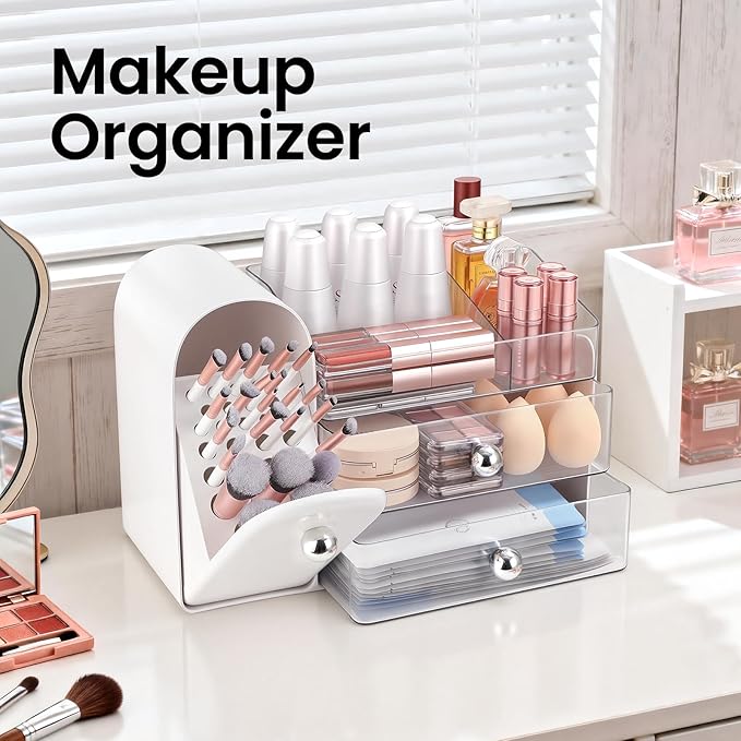 Makeup Organizer,Vanity Organizer with Makeup Brush Holder,Large Skincare Organizers with Drawers,Bathroom Countertop Organizer,Storage Lipstick,Perfume,Nail Polish,Beauty,Gifts for Woman
