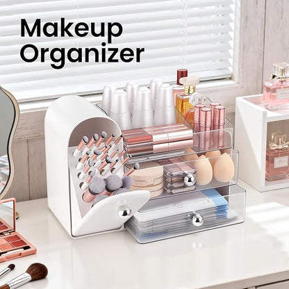 Makeup Organizer,Vanity Organizer with Makeup Brush Holder,Large Skincare Organizers with Drawers,Bathroom Countertop Organizer,Storage Lipstick,Perfume,Nail Polish,Beauty,Gifts for Woman