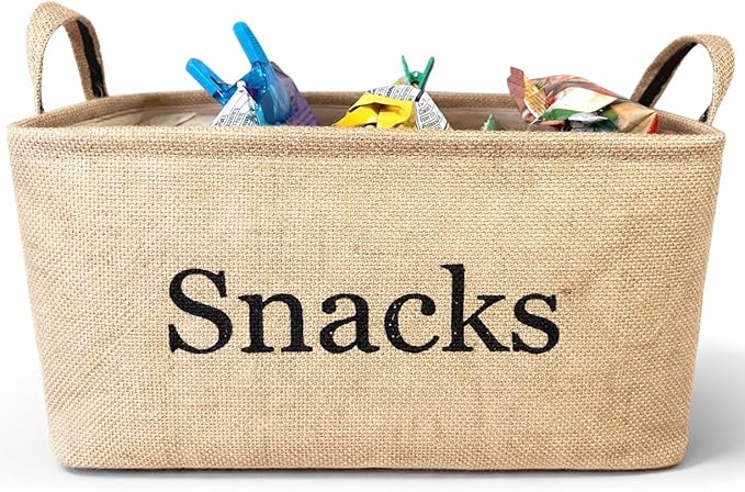 Snack Storage Bin for Pantry - Burlap storage basket for organizing your chips, popcorn, candy, pretzels and more. Kitchen container for treats. Great for movie night or for kids to grab and go.