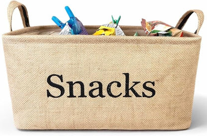 Snack Storage Bin for Pantry - Burlap storage basket for organizing your chips, popcorn, candy, pretzels and more. Kitchen container for treats. Great for movie night or for kids to grab and go.