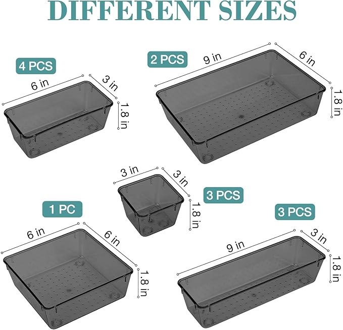 StorMiracle 13 PCS Drawer Organizer Set, 5 Varied Size Bathroom and kitchen Drawer cabinet organizer Trays, Clear Storage Bins for Makeup, Jewelry, Utensils and Gadgets, Black