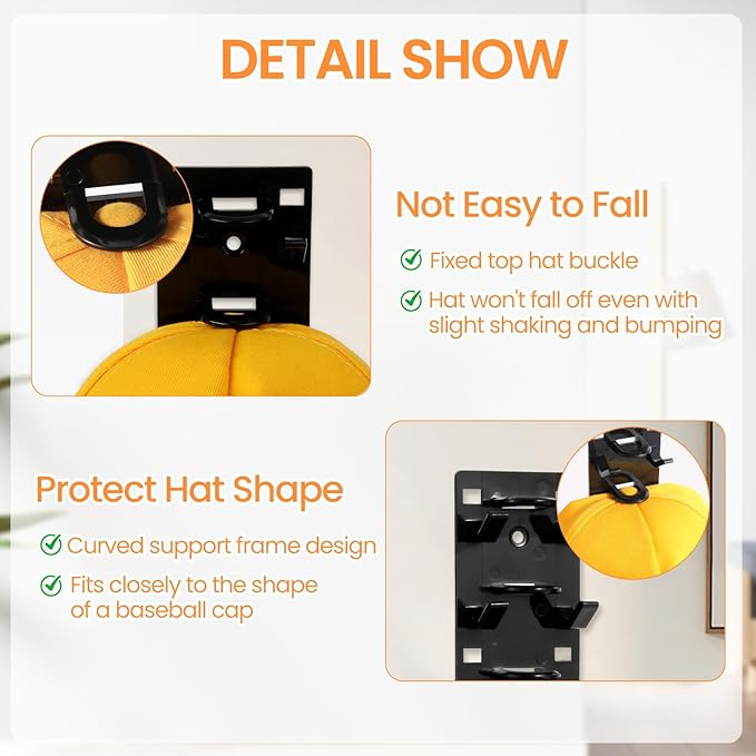 2 Pack Black Hat Organizer - Hat Rack for Wall & Cap Organizer, Strong Adhesive Multilayer Storage Holder, Wall Mounted Hooks Hold 18 Hats, Easy to Install for Bedroom & Closet Door