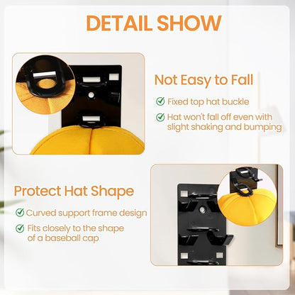 2 Pack Black Hat Organizer - Hat Rack for Wall & Cap Organizer, Strong Adhesive Multilayer Storage Holder, Wall Mounted Hooks Hold 18 Hats, Easy to Install for Bedroom & Closet Door