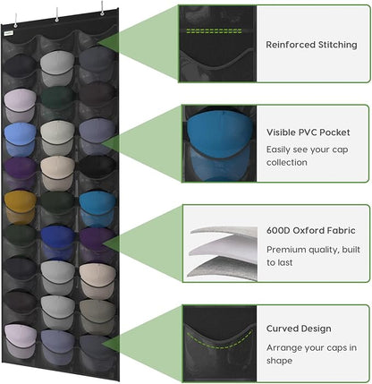 Baseball Hat Rack, 30 Pocket Over-The-Door Hat Organizer with Clear Deep Pockets to Display Baseball Caps Collection, Complete with 3 Over Door Hooks (Black, 30 Pockets)