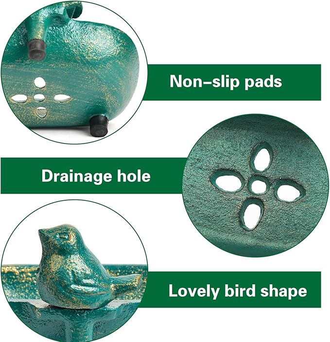 Sungmor Heavy Duty Cast Iron Hand Soap Holder - Lovely Bird Shaped & Antique Green Finish - Decorative Tabletop Soap Dish Tray for Kitchen Bathroom Sink - Practical Bath Soap Box Container