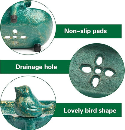 Sungmor Heavy Duty Cast Iron Hand Soap Holder - Lovely Bird Shaped & Antique Green Finish - Decorative Tabletop Soap Dish Tray for Kitchen Bathroom Sink - Practical Bath Soap Box Container