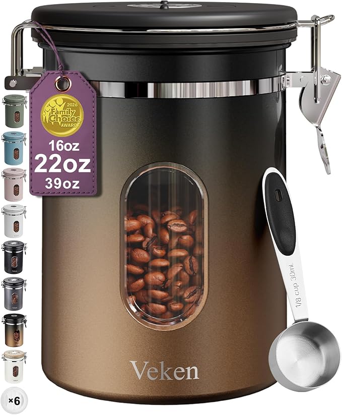 Veken Coffee Canister with Window,Airtight Stainless Steel Kitchen Food Storage Container, Date Tracker & Scoop for Grounds Coffee, Beans, Tea,Flour,Cereal,Sugar,22OZ,Copper