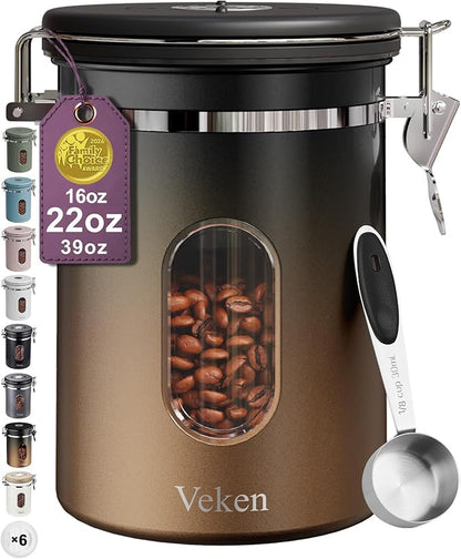 Veken Coffee Canister with Window,Airtight Stainless Steel Kitchen Food Storage Container, Date Tracker & Scoop for Grounds Coffee, Beans, Tea,Flour,Cereal,Sugar,22OZ,Copper