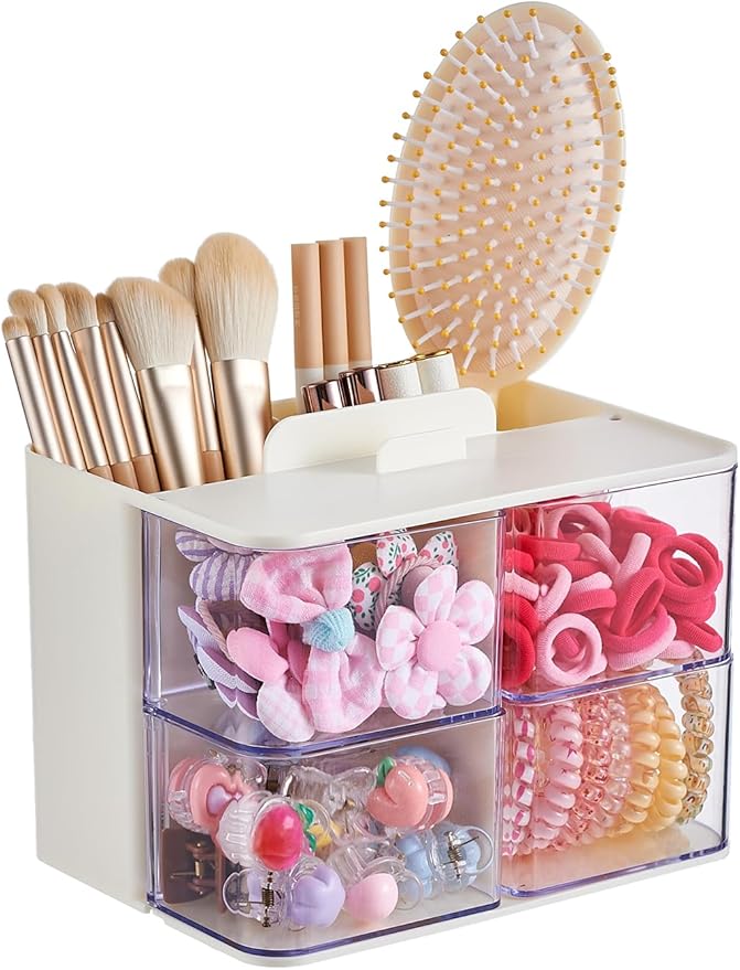 UFORU Hair Accessories Organizer with Hair Brush Holder, 4 Drawer Rotatable Hair Tie Organizer for Makeup Brushes, Hair Clips, Earrings, Necklaces, Bracelets and Hair Accessories, White, 2-Layer