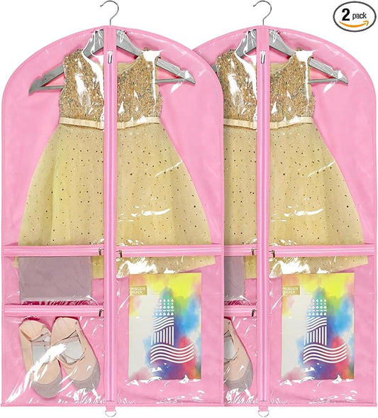 Univivi Dance Costume Bags Garment Bag 40 Inch Hanging Clothes for Dance Competitions, with 3 Medium Clear Zipper Pockets for Dance Costumes, Closet Storage (Pink, 2 Pack)
