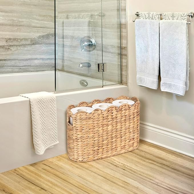 Toilet Paper Storage Baskets, Scalloped Water Hyacinth Baskets , Wicker Scalloped Basket for Storage, Toilet Papers Holder Wicker Basket, Toilets Paper Organizer, Bathroom Accessories Organizer...