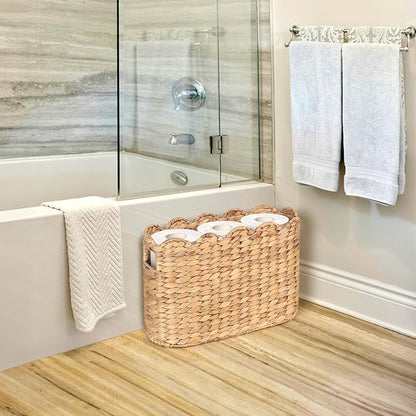 Toilet Paper Storage Baskets, Scalloped Water Hyacinth Baskets , Wicker Scalloped Basket for Storage, Toilet Papers Holder Wicker Basket, Toilets Paper Organizer, Bathroom Accessories Organizer...