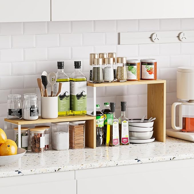 Cabinet Organizer Shelf, 2-Tier Kitchen Counter Organizer Corner Shelves Coffee Bar Organizers for Countertop Kitchen Storage Spice Rack