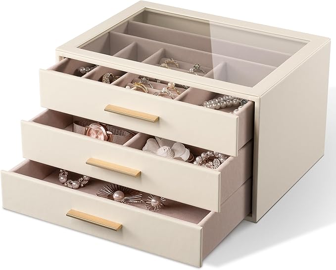 pickpiff Jewelry Box Organizer Case for Women: 3-Layer Jewelry Storage Case with Glass Window, Ivory Leather with Pink Velvet, Holder for Ring Necklace Bracelet Brooch Watch, Great Gift for Her