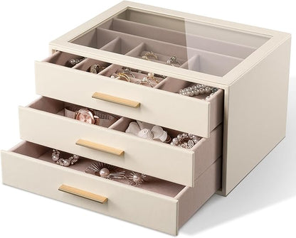 pickpiff Jewelry Box Organizer Case for Women: 3-Layer Jewelry Storage Case with Glass Window, Ivory Leather with Pink Velvet, Holder for Ring Necklace Bracelet Brooch Watch, Great Gift for Her