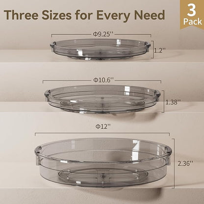 LAMU 3 Pack Lazy Susan Organizer Turntable for Cabinet, Condiment Organizer for Kitchen Pantry Organizers and Storage, Table Top, Fridge, Countertop, Spice Organization, 12'' 10.6'' 9.25'', Grey