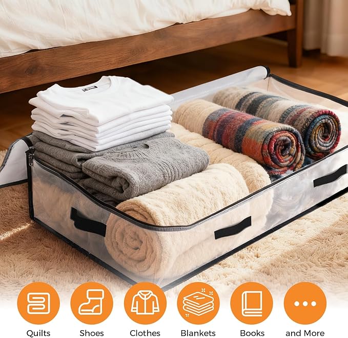 2 Pack Under Bed Storage Bags, 90L Foldable Clear Storage Containers with Handles, Dual Zippers for Comforter, Clothes, Bedding, Linen Sheets, Sweaters, Blanket Storage