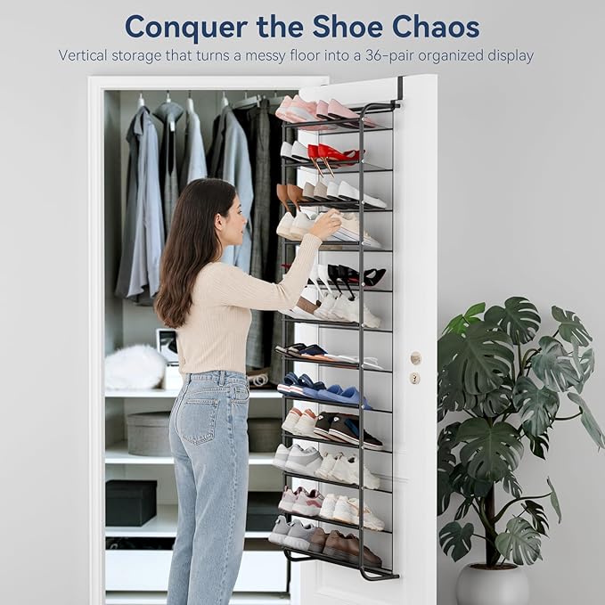 Whitmor 36 Pair Over the Door Shoe Organizer, 12 Tier Hanging Shoe Organizer, Heavy Duty Metal & Mesh Shoe Holder, Hanging Shoe Rack for Closet Storage, 74"L x 21.7"W x 7.5"H, Gunmetal Gray