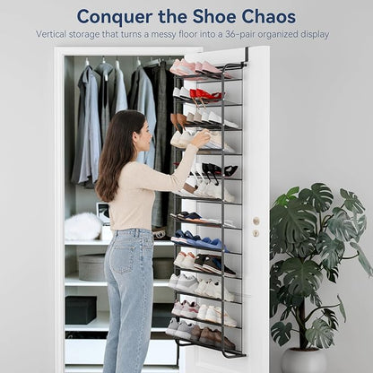 Whitmor 36 Pair Over the Door Shoe Organizer, 12 Tier Hanging Shoe Organizer, Heavy Duty Metal & Mesh Shoe Holder, Hanging Shoe Rack for Closet Storage, 74"L x 21.7"W x 7.5"H, Gunmetal Gray