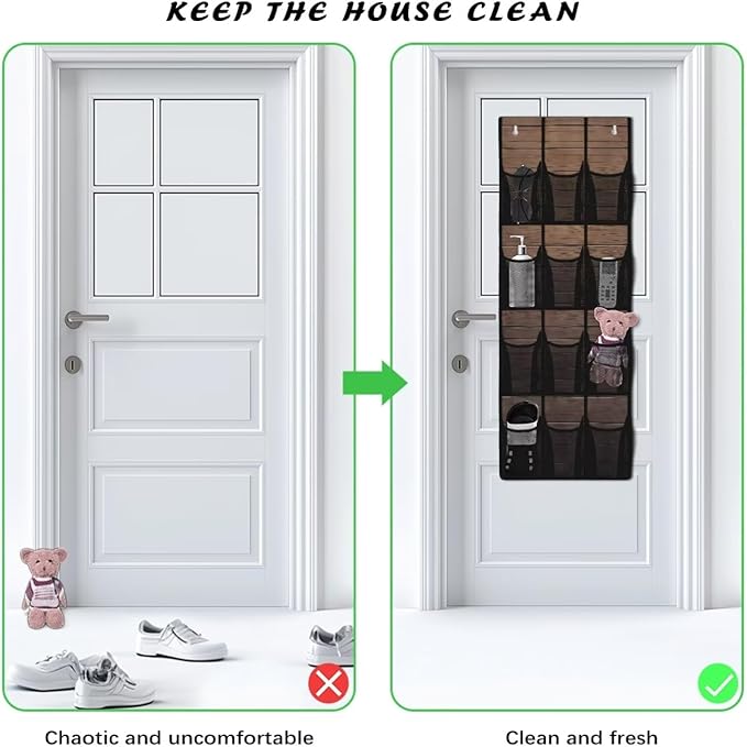 Wood Grain Over the Door Shoe Organizer 12 Large Mesh Pockets Shoe Rack for Door Foldable Hanger Storage Holder for Dorm Bedroom