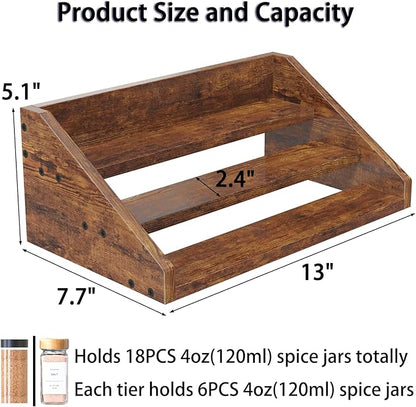 3 Tier Wood Spice Rack Organizer for Cabinet, Super Sturdy Display Riser Shelf Seasoning Organizer for Countertop Pantry Cupboard, Retro Storage Holder for Kitchen Condiment Jar Spice Container
