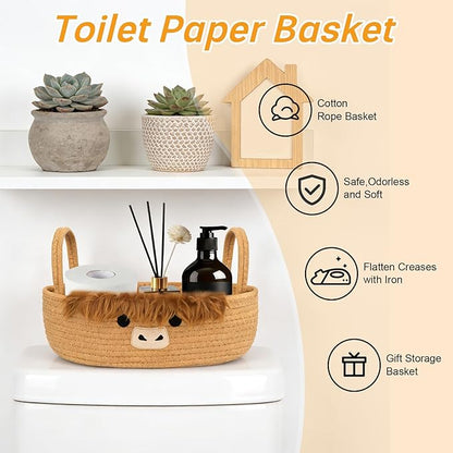 Toilet Highland Cute Cow Paper Basket–Oval Woven Bathroom Organizer Toilet Tank Storage Basket, Decorative Shelves Rope Cotton Bin with Handles, Wedding Empty Towel Paper Holder,13"D x 7.48"H