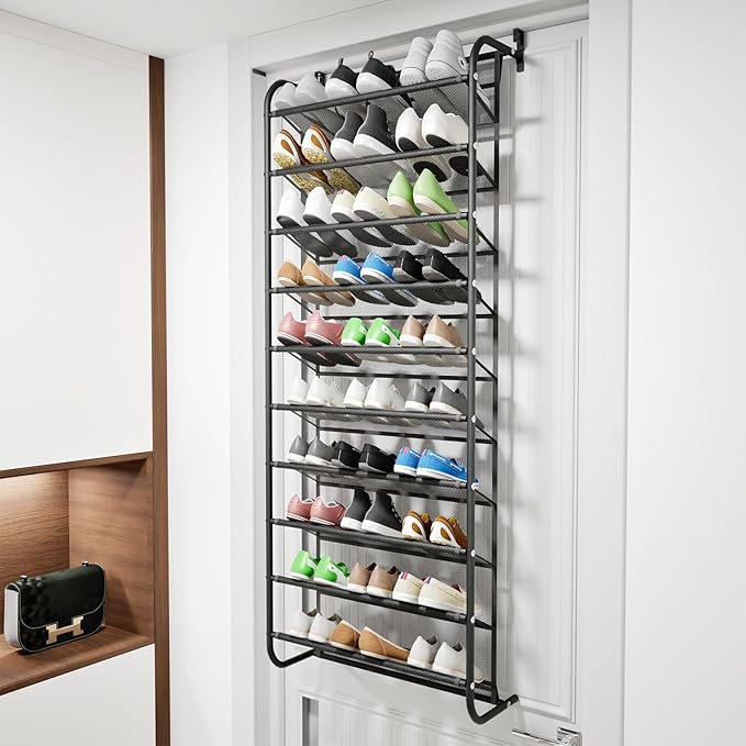 AQQHSAIN 10 Tier Over The Door Shoe Organizer Wall Shoe Shelf Shoe Holder Door Shoe Rack for Closet Pantry Hanging Shoes Clothes Toys Storage Shelves (Black)