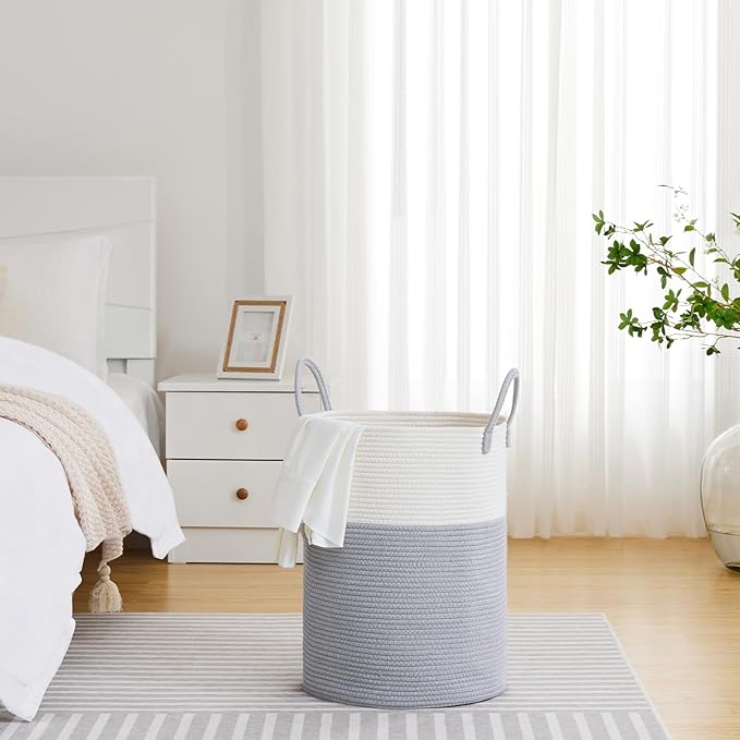 VIPOSCO Large Laundry Hamper, Tall Woven Rope Storage Basket for Blanket, Toys, Dirty Clothes in Living Room, Bathroom, Bedroom - 58L Grey & White