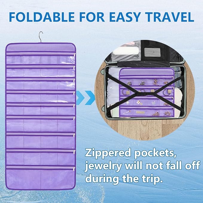 Travel Jewelry Organizer Dual Sided Hanging Earring Holder Bracelet Storage Rolls Rings Display Case with 68 Zippered Pockets (PURPLE)
