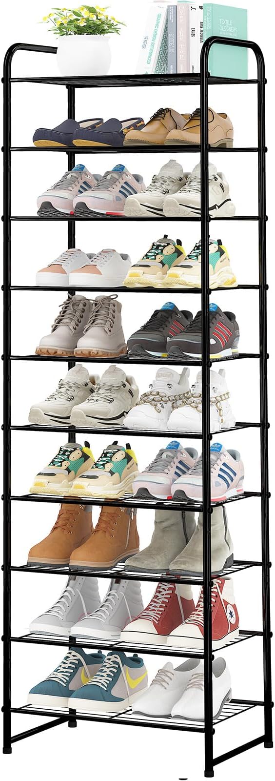 Ekisemio-10 Tiers Tall Shoe Rack Organizer for 20 Pairs Shoes, Expandable & Adjustable Shoe Storage Shelf, Wire Grid, Black