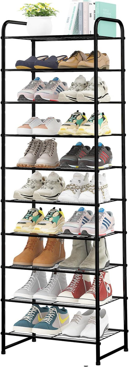Ekisemio-10 Tiers Tall Shoe Rack Organizer for 20 Pairs Shoes, Expandable & Adjustable Shoe Storage Shelf, Wire Grid, Black