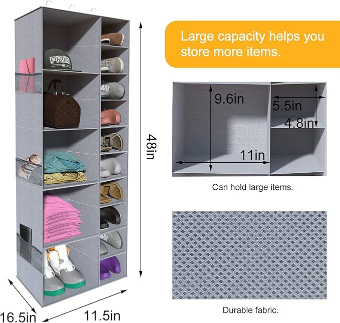 Hanging Shoe Closet Storage Organizer, 10+5 Sections Closet Organizers and Storage Shelves Shoe Rack Holder Hanger, Grey