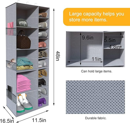 Hanging Shoe Closet Storage Organizer, 10+5 Sections Closet Organizers and Storage Shelves Shoe Rack Holder Hanger, Grey