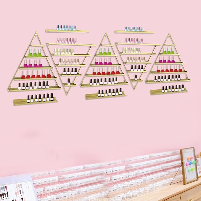 Metal Nail Polish Rack for Nail Salon, 5 Tiers Nail Polish Rack, 10PCS Triangular Perfume Holder, Lipstick Perfume Wall Shelf for Spa Nail Salon Shop Home (Gold)