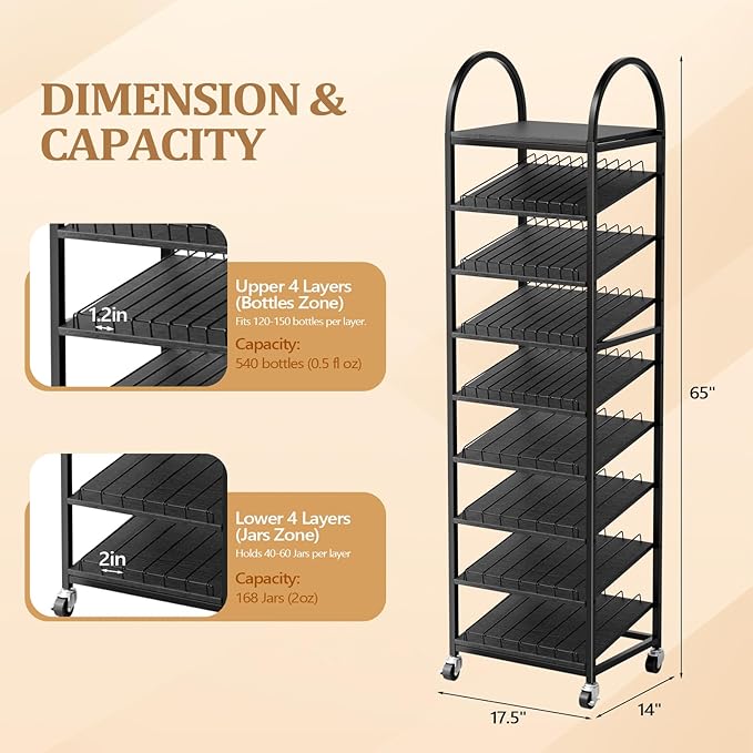 OmySalon Rolling Nail Polish & Powder Display Stand - 8 Tier Mobile Nail Salon Organizer Rack with Wheels, Holds 600 Bottles & 240 Jars for Nail Artists, Salon Display, Retail Store (Black)