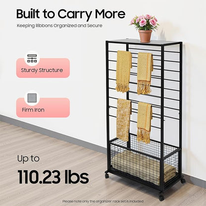 Ribbon Organizer Rack, Double Sided 16-Tier Ribbon Holder Organizer Rack, Flower Wrapping Paper Storage Stand, Scarf Tie Belt Towel Display Shelf Sewing Station Cart (Black)