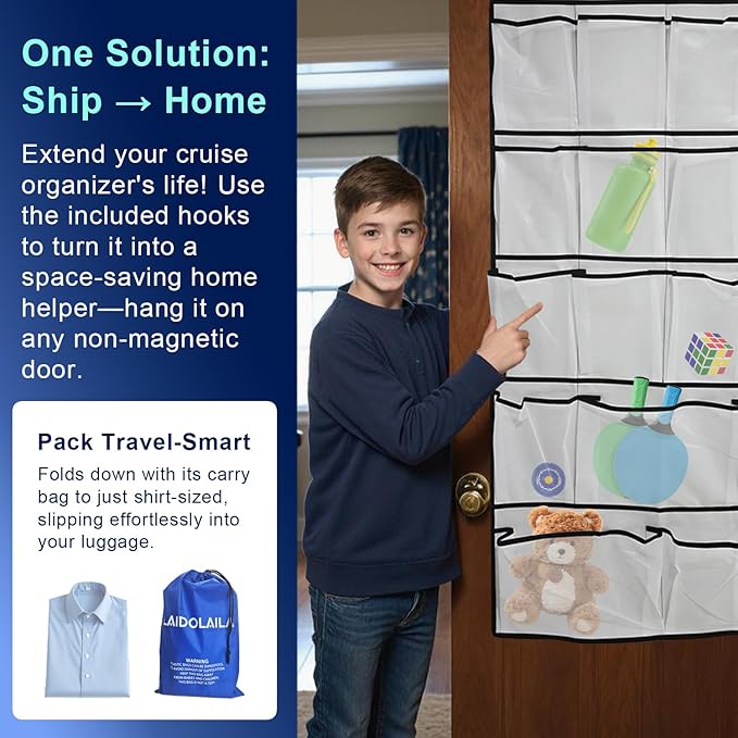 Magnetic Cruise Door Organizer – 13-Pocket Hanging Storage with 2 Large Shoe Pockets, No Hook Needed, Includes 3 Bonus Hooks, 2025 2026 Cruise Ship Essentials for Cabin, Bathroom, or Closet Use