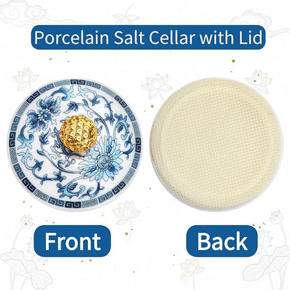 2 Pack Blue and White Porcelain Salt Cellar with Lid, Vintage Ceramic Salt Containers for Countertop, Small Airtight Salt Storage Box, Seasoning Holder, Spice Jars for Sugar, Candy, Herbs