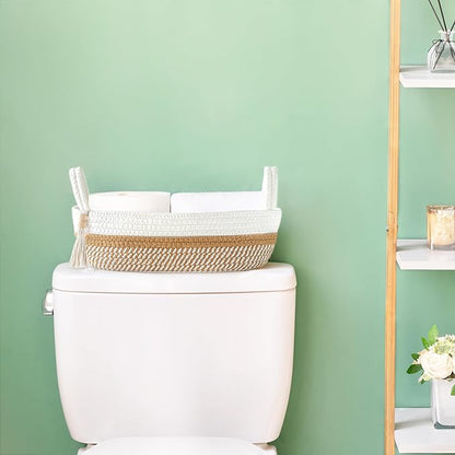 Mkono Small Storage Basket for Toilet Tank Top Boho Bathroom Decor Woven Rope Toilet Paper Tray Organizer for Shelf Bedroom Living Room, White and Brown, 13" L x 6" W