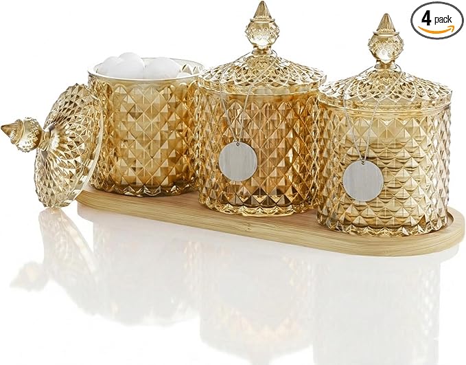 3Pack Qtip Holder Set with Bamboo Tray - 10oz Amber Glass Diamond-Facet Apothecary Jars with Lids - Bathroom Canisters for Cotton Swabs, Balls, Pads & Floss Picks - Vanity Storage Organizer