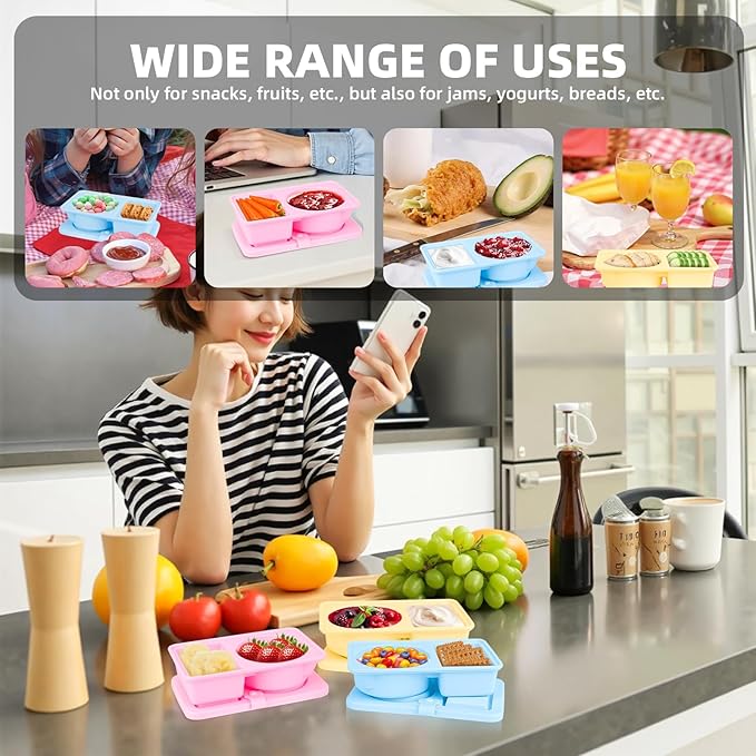 3 Pack Silicone Reusable Snack Containers with Lids, Double Compartment Snackle Box Containers, Salad Dressing Sauce Seasoning Container, Small Mini Food Snack Boxs for Travel, Office, Picnic