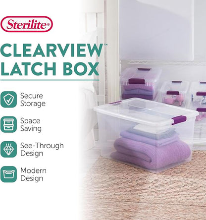 Sterilite 66 Qt ClearView Latch Storage Box, Stackable Bin with Latching Lid, Organize Clothes, Blankets, Items in Closet, Clear Base and Lid, 24-Pack