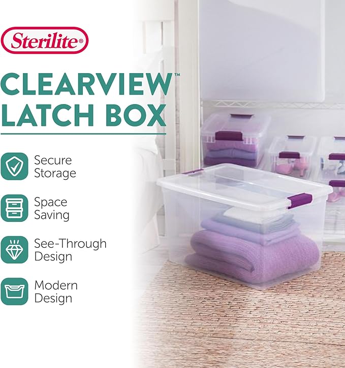 Sterilite 66 Qt ClearView Latch Storage Box, Stackable Bin with Latching Lid, Organize Clothes, Blankets, Items in Closet, Clear Base and Lid, 12-Pack