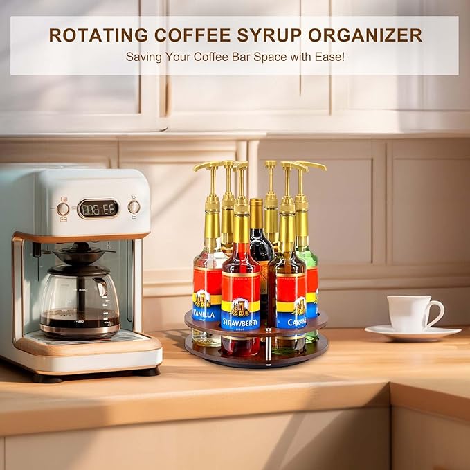 Rotating Coffee Syrup Organizer Rack,Syrup Bottle Stand Holder for Coffee Syrup Station,7 Bottles Storage Display Turntable Tray&Lazy Susan for Syrup,Liquor Wine in Kitchen Countertop