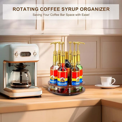 Rotating Coffee Syrup Organizer Rack,Syrup Bottle Stand Holder for Coffee Syrup Station,7 Bottles Storage Display Turntable Tray&Lazy Susan for Syrup,Liquor Wine in Kitchen Countertop