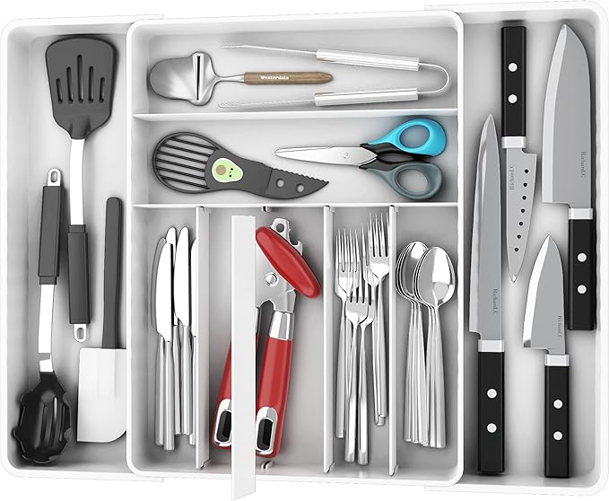 Simple Houseware Expandable & Adjustable Cutlery Drawer Organizer - Large Utensil and Flatware Tray for Kitchen Drawers, White