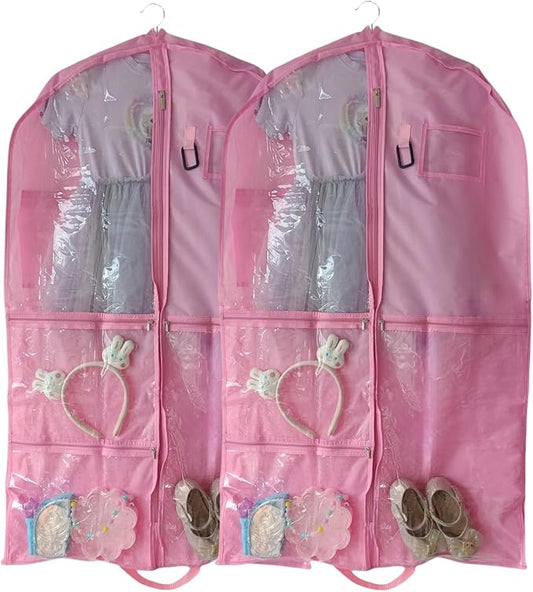 Dance Costume Garment Bag for Travel with Handles, 39 Inch Garment Bag for Dance Competitions, Kids Hanging Clothes Cover for Girls Closet Storage with 4 Zippered Pockets (Pink - 2 Pack)