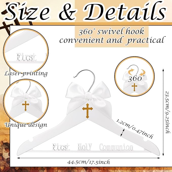 Reallnaive First Holy Communion Hanger First Communion Gift White Bow Dress Hanger 1st Holy Eucharist Party Favors Cross Gift Holiday Ceremony Decoration