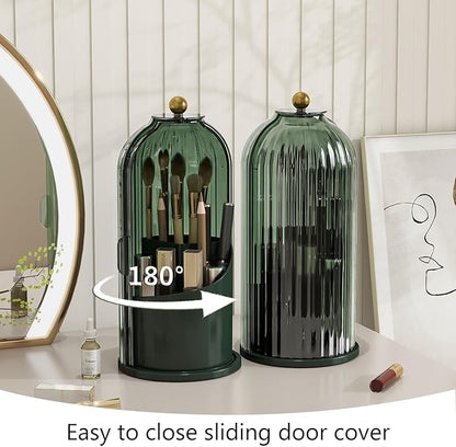 Makeup Brush Holder with Dustproof Cover 360 Rotating Makeup Brush Organizer for Vanity Bathroom, All Green